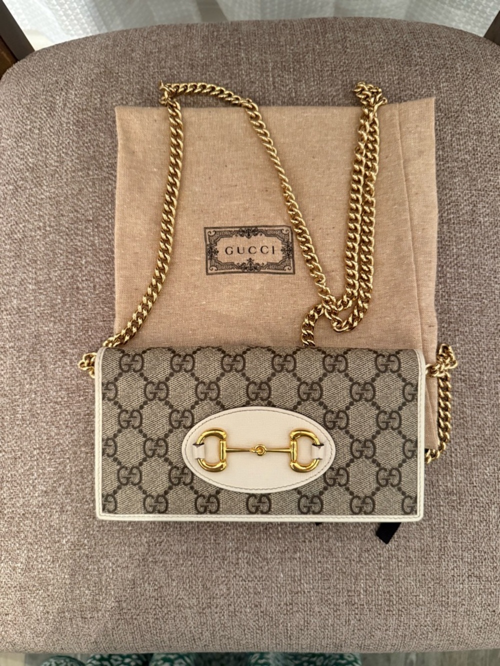 Gucci Beige GG Supreme Canvas Chain Crossbody with Gold Hardware